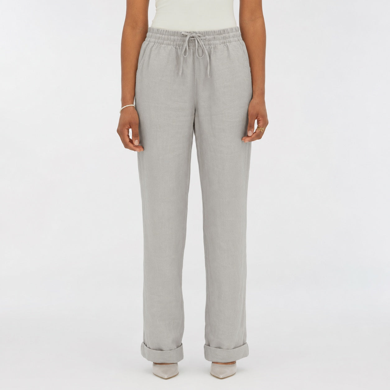 Grey linen-look drawstring trousers front
