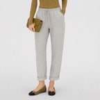 Grey linen-look drawstring trousers close view