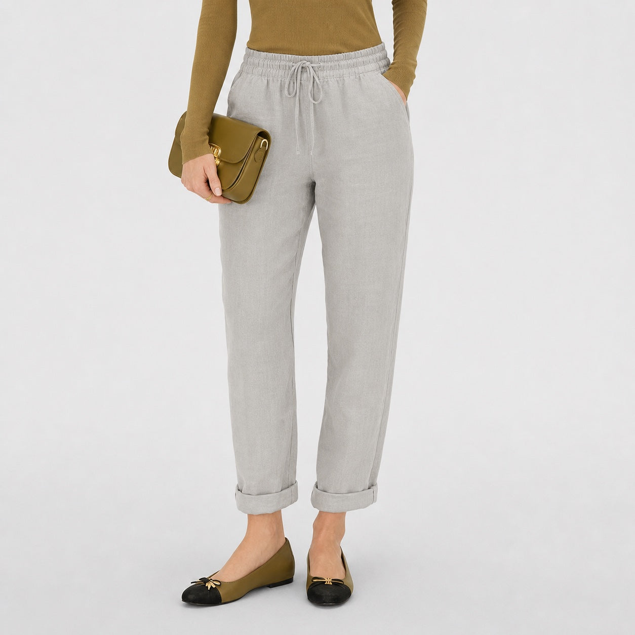 Grey linen-look drawstring trousers close view