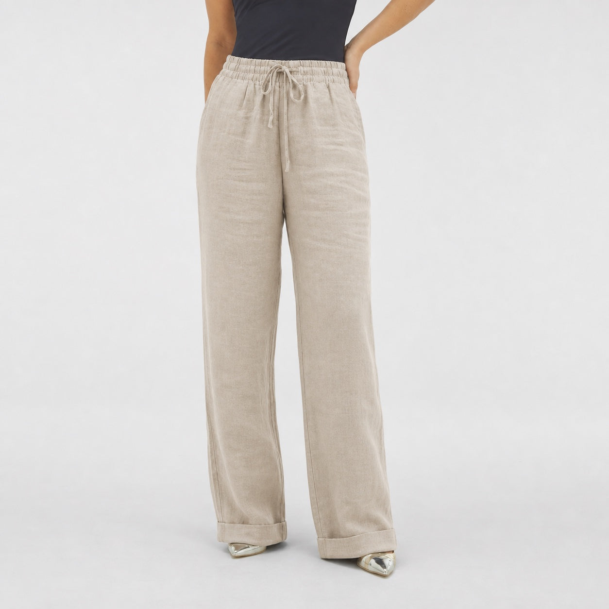 Khaki linen-look drawstring trousers front