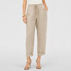 Khaki linen-look drawstring trousers close view