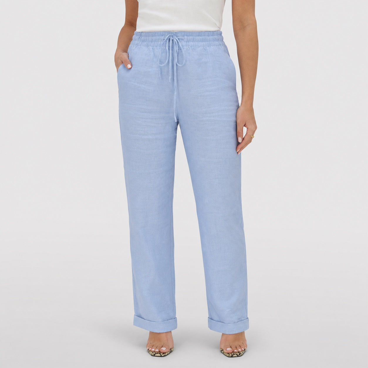 Sky Blue linen-look drawstring trousers front