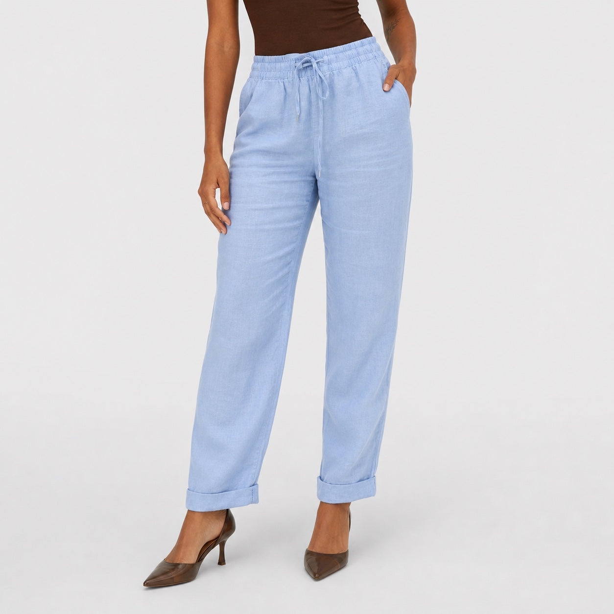 Sky Blue linen-look drawstring trousers close view