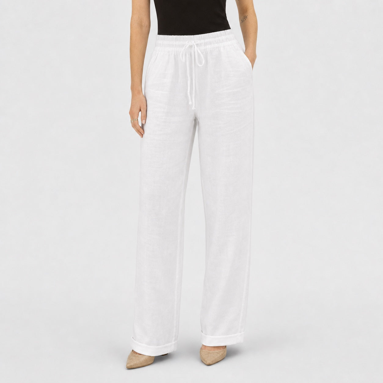White linen-look drawstring trousers close view