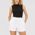 White paperbag-waist shorts close view