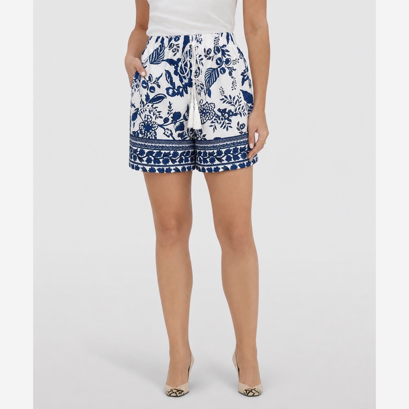 White and blue botanical shorts front