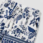 White and blue botanical shorts detail